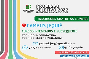 IFBA Jequié abre inscrições do Processo Seletivo Gratuito para