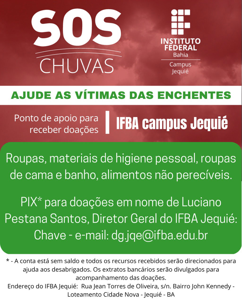 IFBA Campus de Jequié faz campanha para ajudar as vítimas das